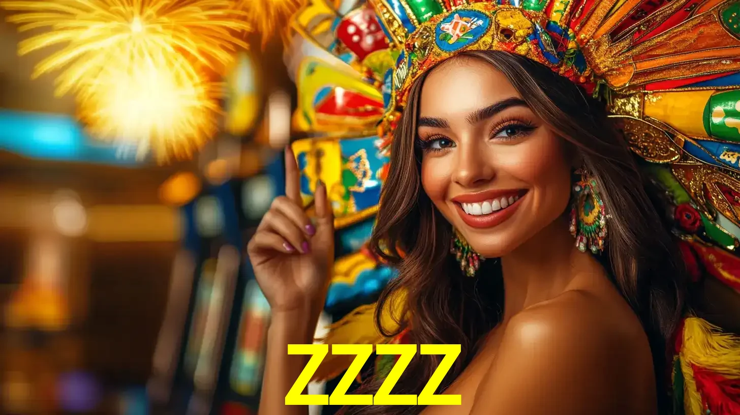 Mulher sorridente com um cocar de carnaval vibrante e colorido, celebrando uma grande vitória nos jogos do cassino ZZZZ com fogos de artifício ao fundo.