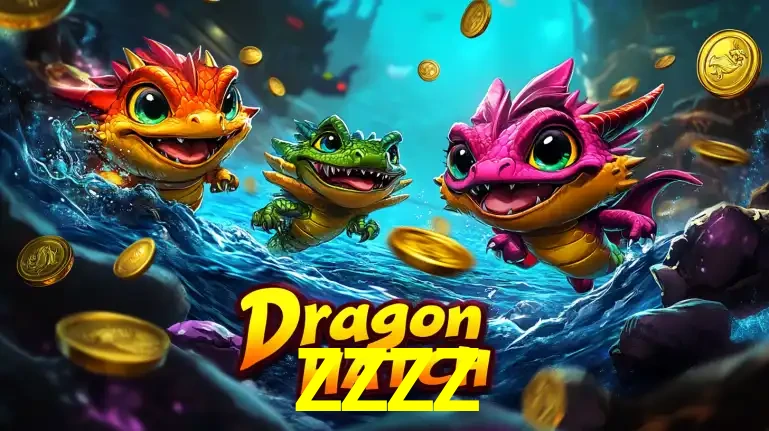 Arte promocional do jogo Dragon Hatch com três adoráveis dragões bebês nadando entre moedas de ouro, um dos slots mais divertidos para jogar no cassino ZZZZ.
