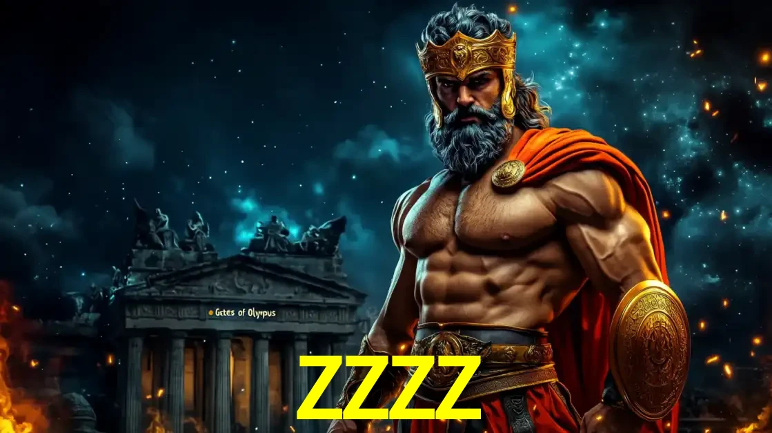O poderoso Zeus do jogo de slot Gates of Olympus em frente ao seu templo, pronto para lançar multiplicadores divinos e prêmios épicos no cassino online ZZZZ.