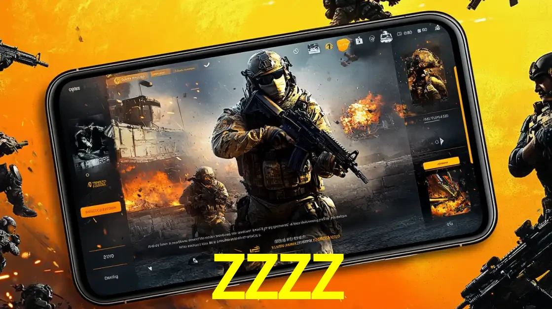 Um smartphone exibindo a interface de um jogo de tiro em primeira pessoa, com um soldado em um cenário de batalha, representando a ação dos e-sports para apostar no ZZZZ.