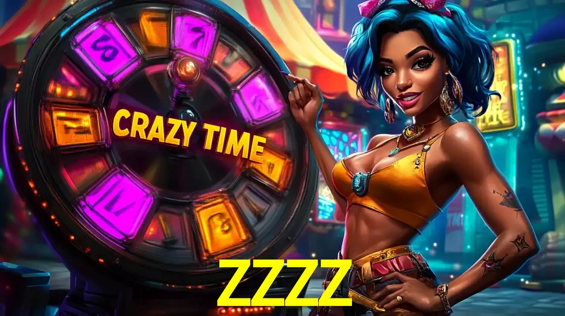 Mulher estilizada com cabelo azul e visual vibrante posando ao lado da roda de prêmios do game show Crazy Time, convidando para a diversão e os bônus do cassino ZZZZ.