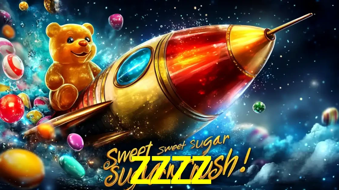 Arte promocional do jogo de slot Sugar Rush, com um urso de pelúcia em um foguete viajando pelo espaço de doces, um dos jogos divertidos disponíveis no cassino ZZZZ.