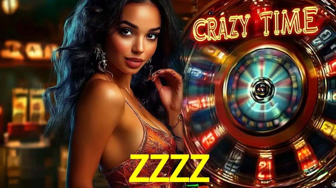 Mulher elegante ao lado da vibrante roda da fortuna do jogo de cassino ao vivo Crazy Time, um dos game shows mais populares e cheios de prêmios do ZZZZ.