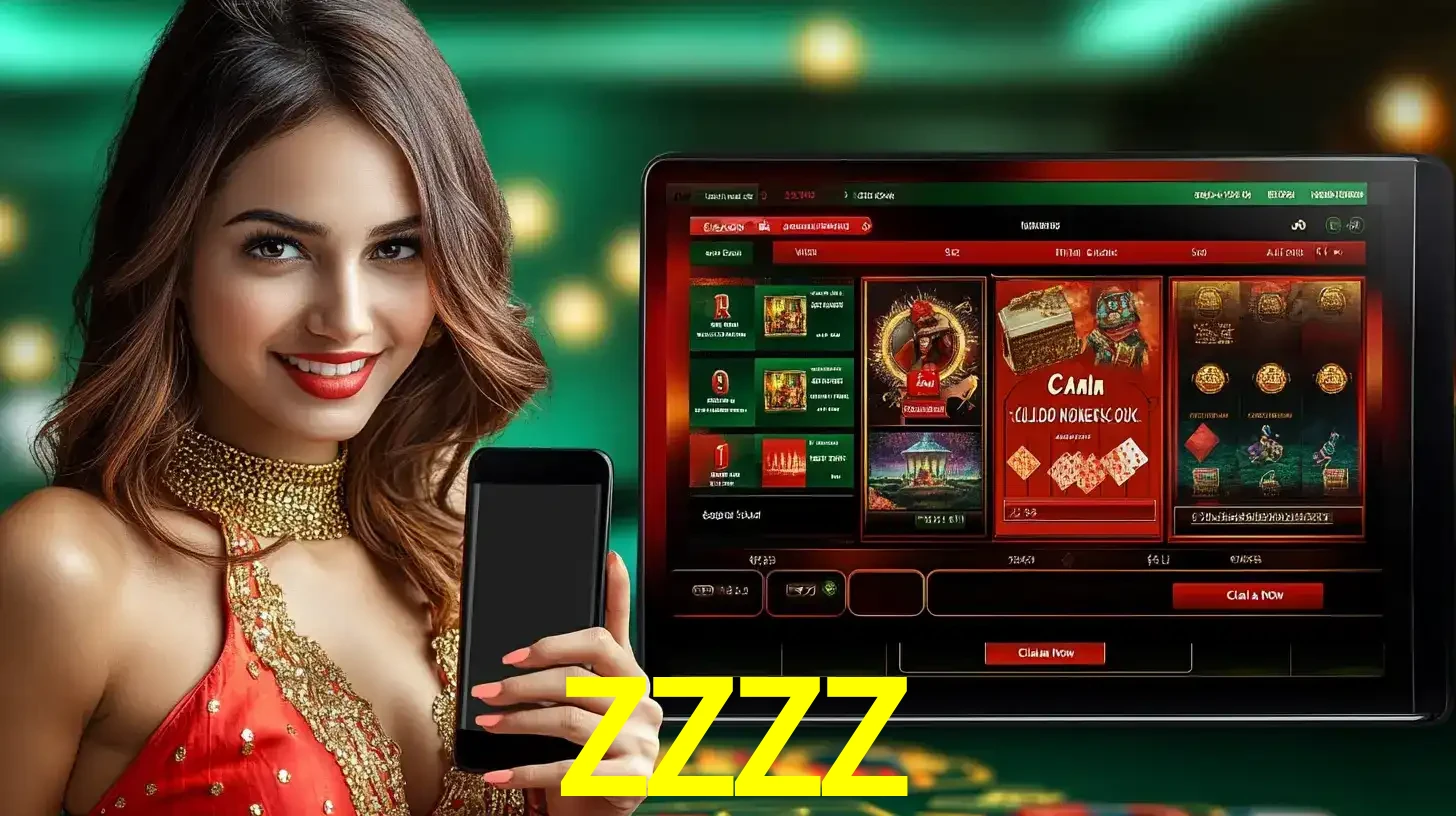 Mulher sorridente segurando um smartphone, ao lado de uma tela exibindo o lobby de jogos do cassino online ZZZZ, com várias opções de jogos de cartas e slots.